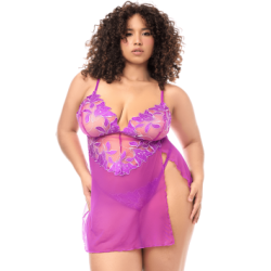 Babydoll grande taille en résille brodée florale et string — MAPALÉ | 