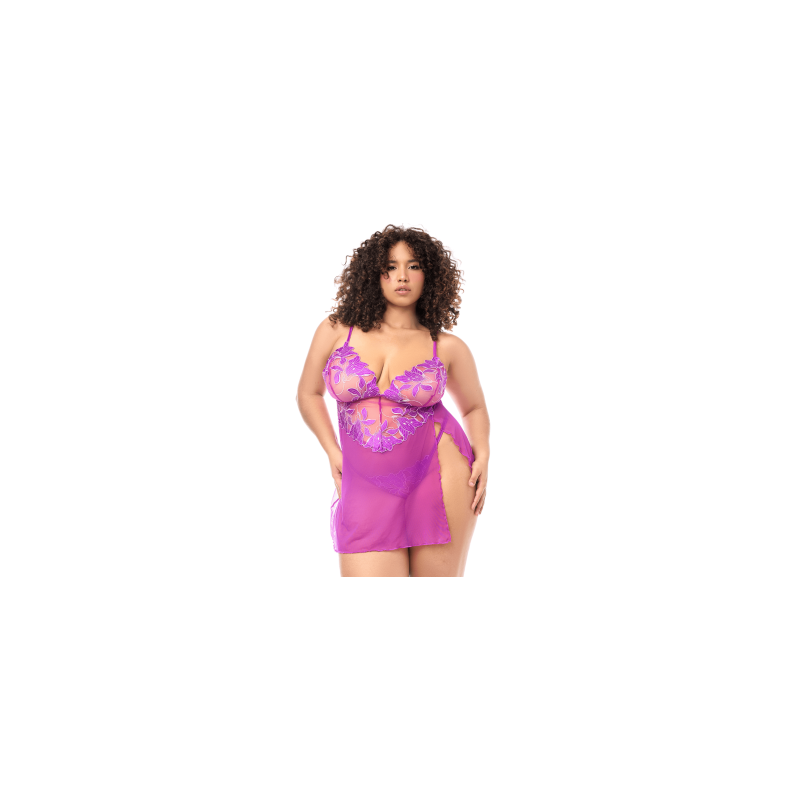 Babydoll grande taille en résille brodée florale et string — MAPALÉ | 