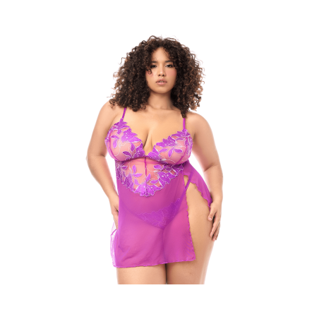 Babydoll grande taille en résille brodée florale et string — MAPALÉ | 