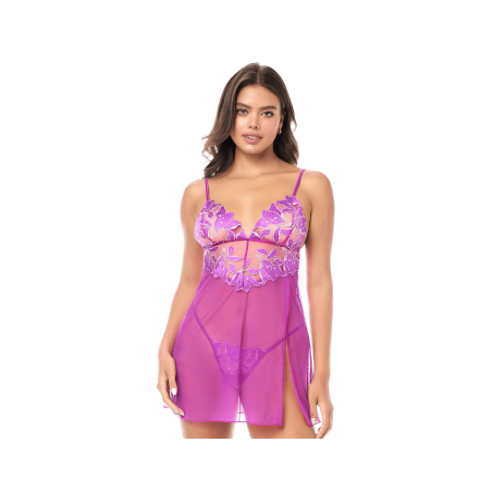 Babydoll sexy en résille brodée florale et string — MAPALÉ | babydoll