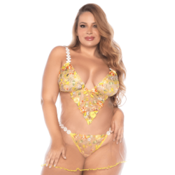 Nuisette grande taille transparente brodée jaune et string — MAPALÉ | 