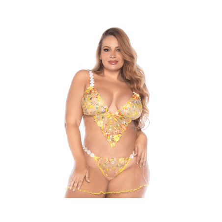 Nuisette grande taille transparente brodée jaune et string — MAPALÉ | 