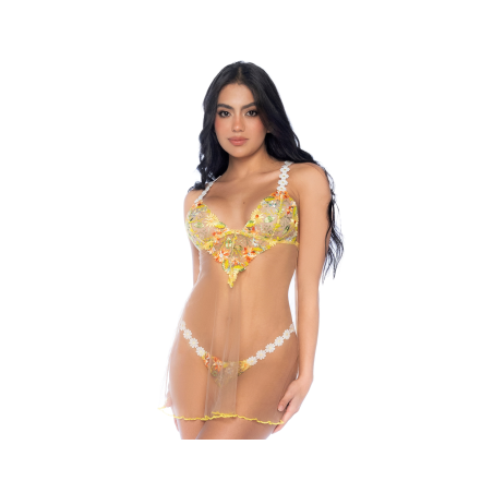 Nuisette transparente brodée jaune et string — MAPALÉ | nuisette